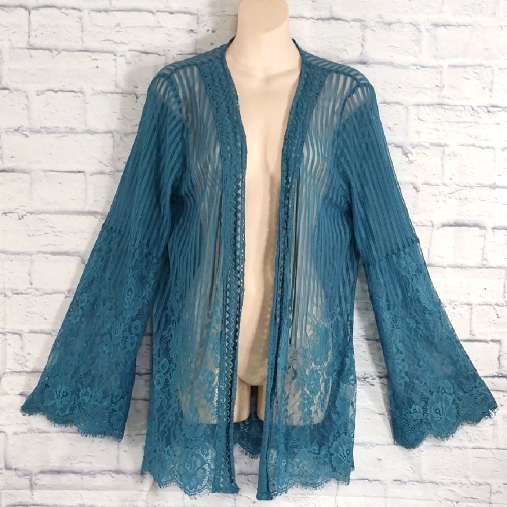 Grace & Emma Open Front Cardigan Blue Lace Floral M/L